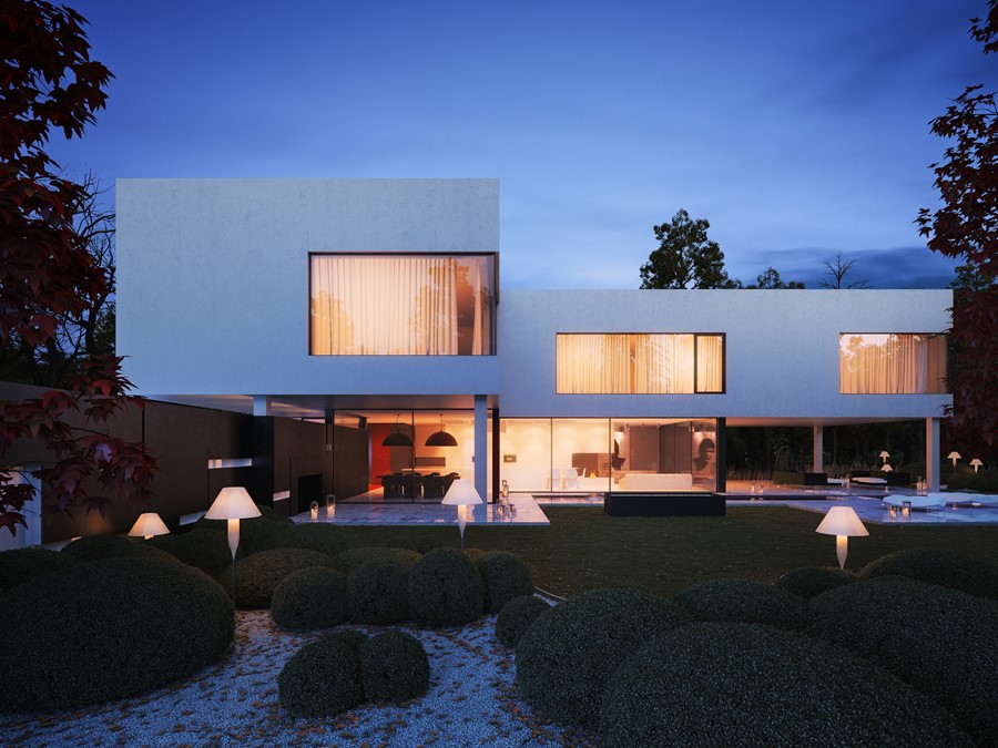Projekt piętrowego domu z nowoczesnym ogrodem i nowoczesnym oświetleniem