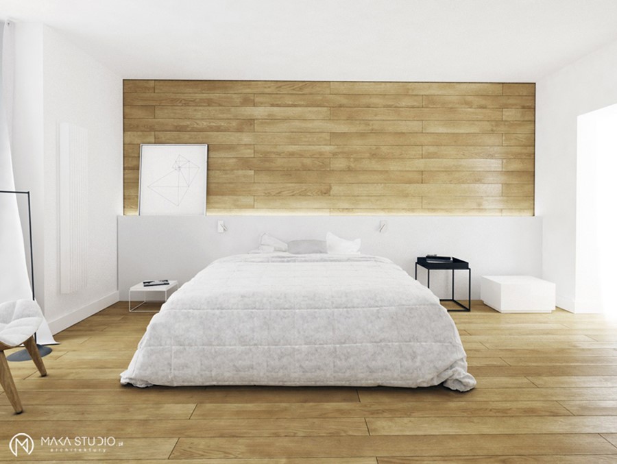 Jasne drewno w minimalistycznej sypialni Maka Studio