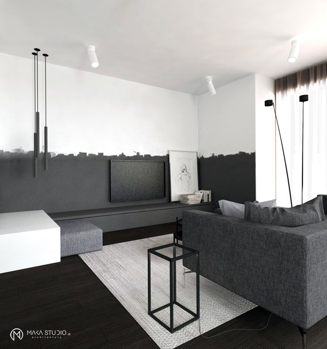 Minimalistyczny salon otwarty na jadalnię 2