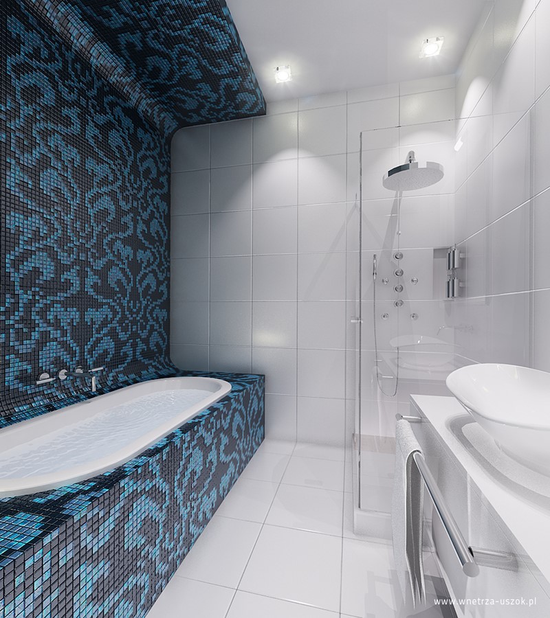 Czarno-niebieska mozaika w łazience Uszok