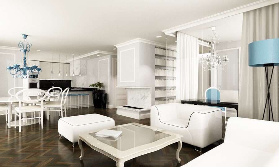 Białe wnętrze w stylu glamour Living Box