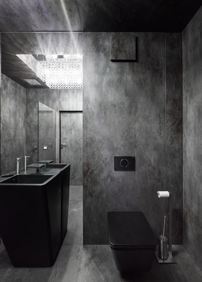 Elegancka łIndustrialna łazienka w czerni i graficieazienka cała w laminamie A8 Architektura