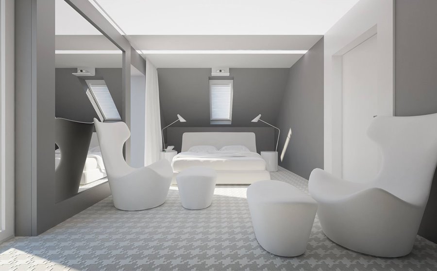 Projekt sypialni w bieli i szarości Concept