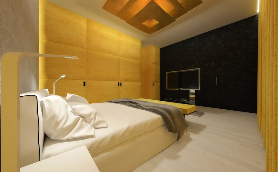 Tapicerowane panele ścienne w żółtej sypialni Concept
