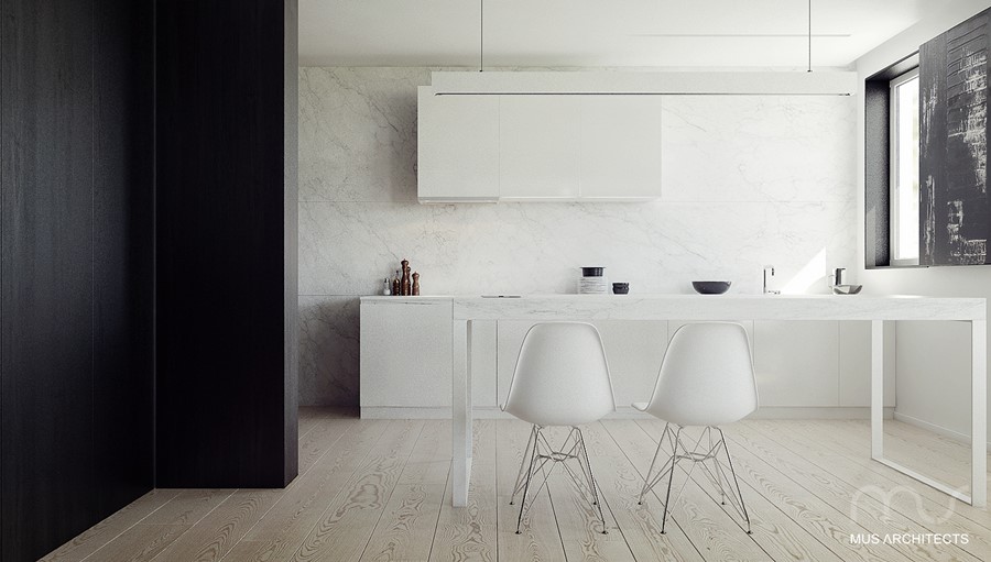 Biała kuchnia w minimalistycznym stylu Mus Architects