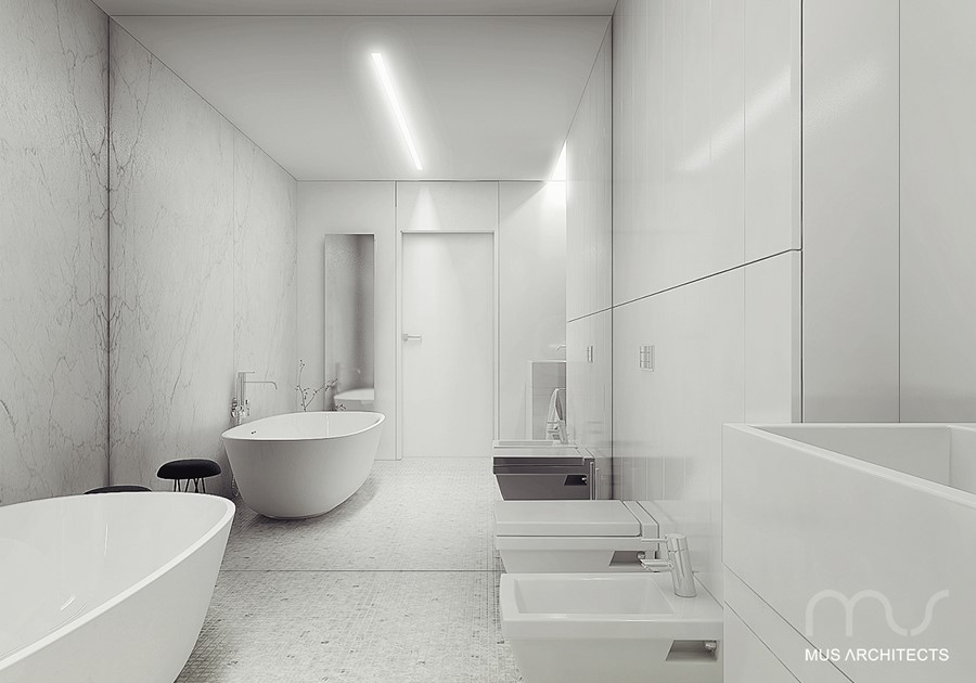 Lustrzana ściana w białej łazience Mus Architects