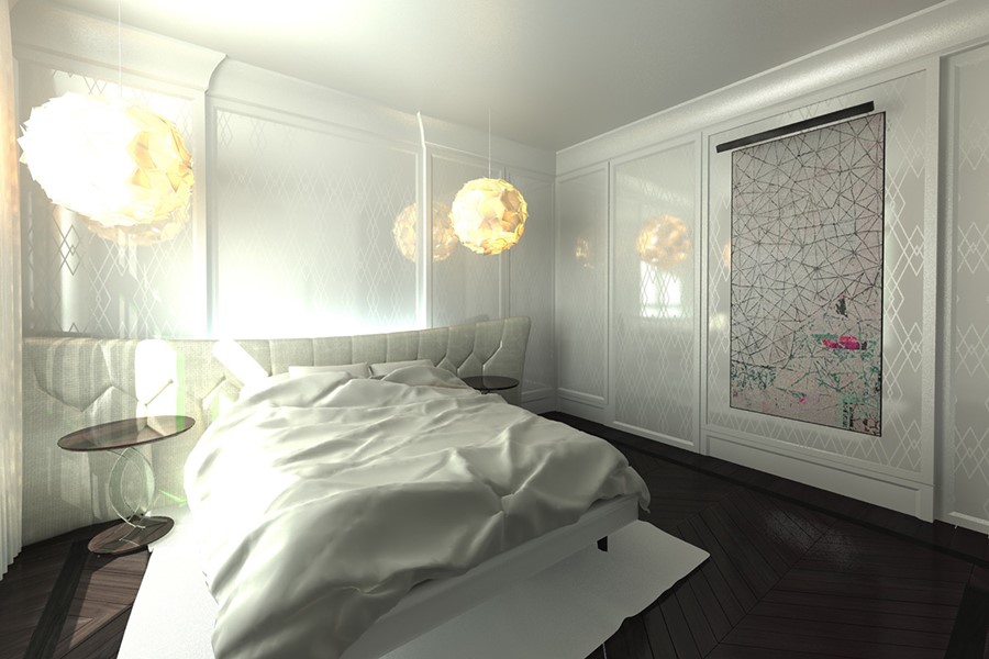 Minimalistyczna sypialnia nawiązująca do klasyki Dominika Rostocka
