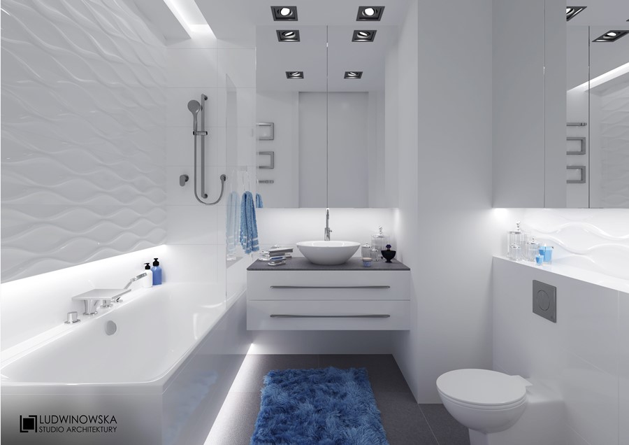 Nowoczesne oświetlenie w białej łazience Ludwinowska