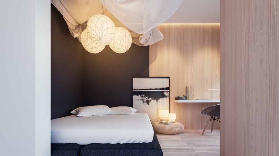 Minimalistyczna sypialnia z toaletką Hi-light Archtectures