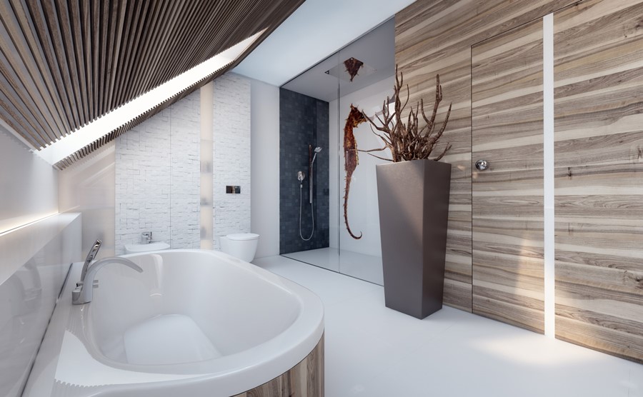 Nowoczesna łazienka w bieli i drewnie Concept