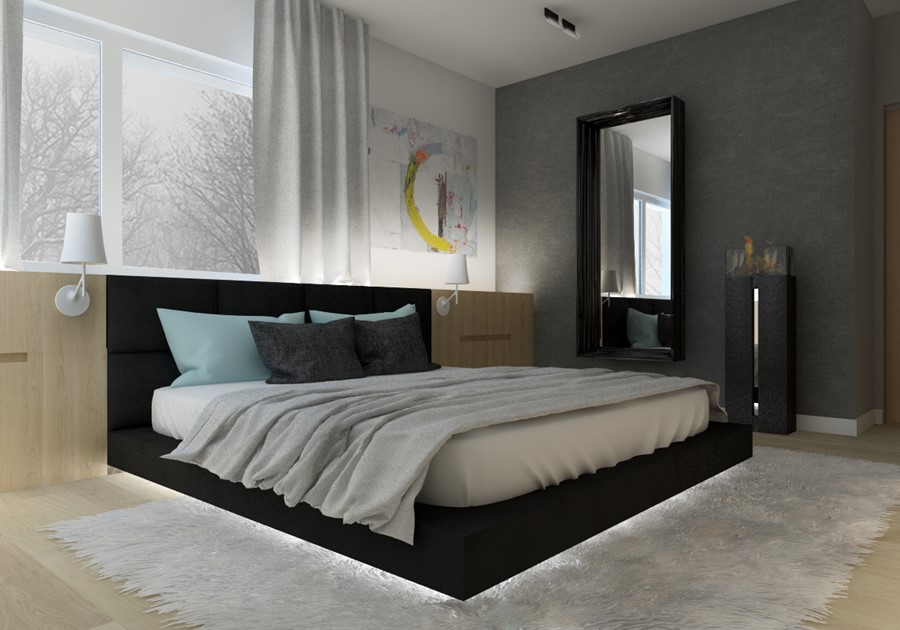 Podświetlane łóżko w minimalistycznej sypialni Podświetlane łóżko w minimalistycznej sypialni Nasciturus Design