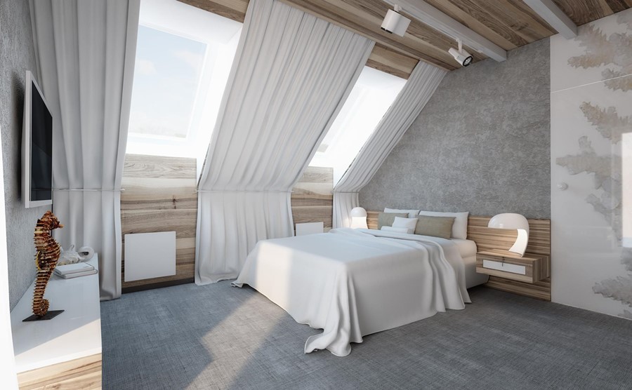 Projekt sypialni na poddaszu wykończonej drewnem - pomysł na poddasze