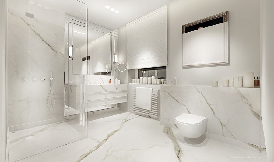 Biały kamień w łazience - oryginalna łazienka