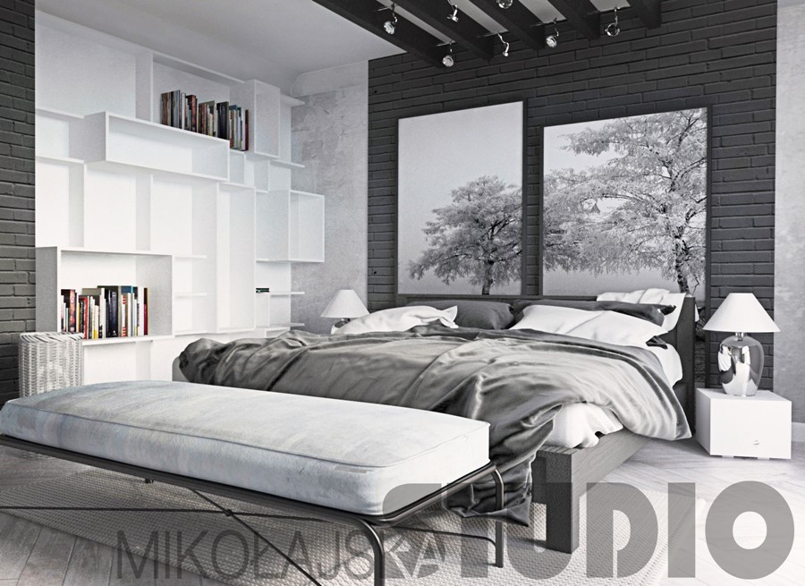 Projekt biało-szarej sypialni - Mikołajska Studio