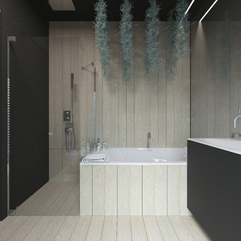 Czerń i jasne drewno w łazience - Concept