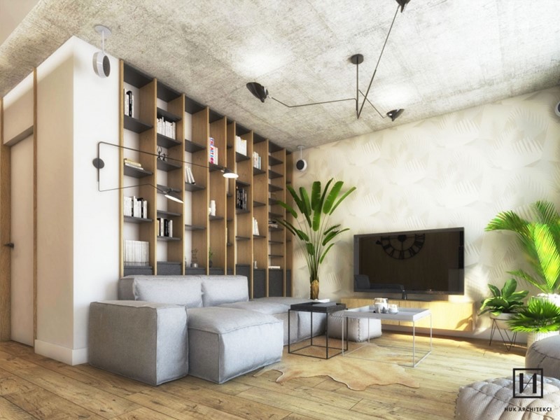Drewno i beton w nowoczesnym mieszkaniu - kolory w salonie