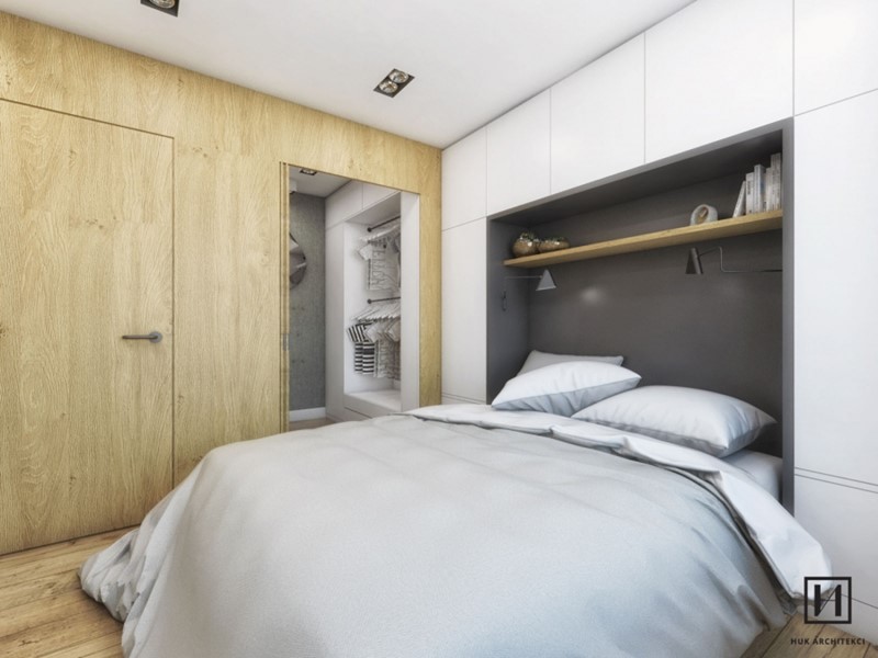 Sypialnia z zabudowanym wezgłowiem łóżka - Huk Architekci