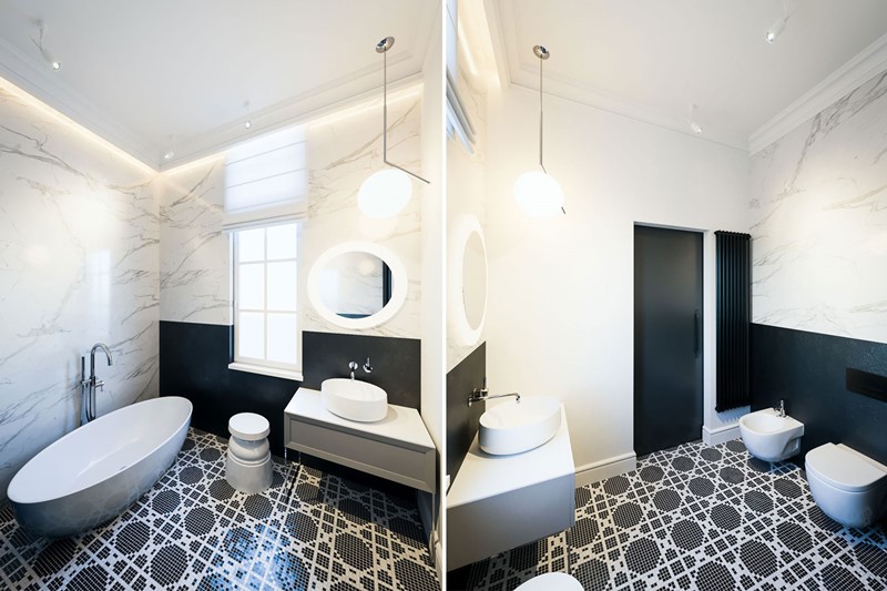 Minimalistyczna łazienka w czerni i bieli - Dragon Art