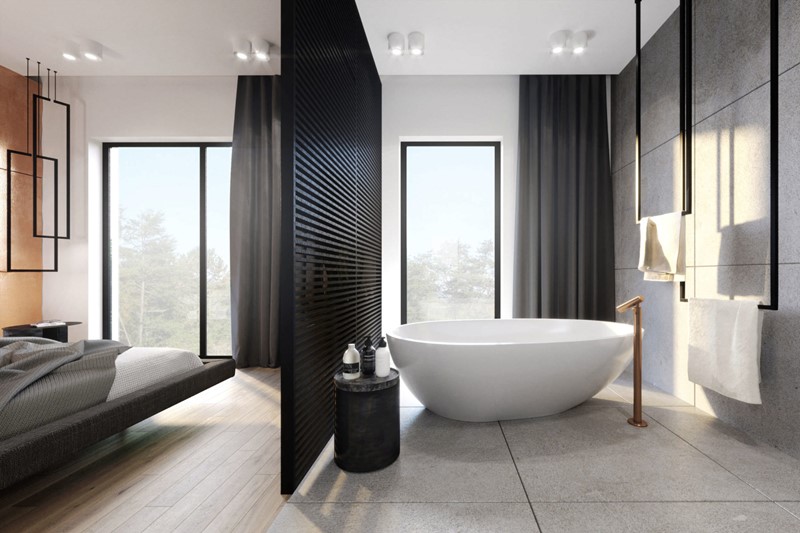 Duża, minimalistyczna sypialnia z łazienką - Kando