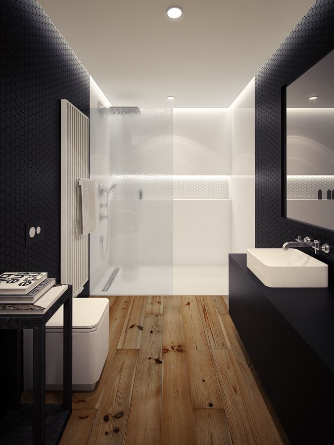 Czarno-biała łazienka z półmatową mozaiką