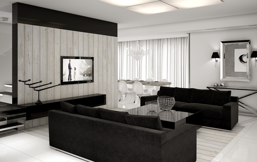 Czarno-biały salon z kącikiem telewizyjnym i jadalnią
