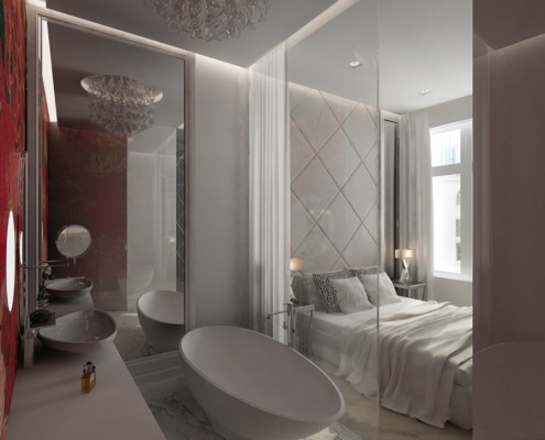 Otwarta łazienka w nowoczesnej sypialni w bieli