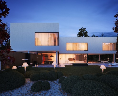Projekt piętrowego domu z nowoczesnym ogrodem i nowoczesnym oświetleniem