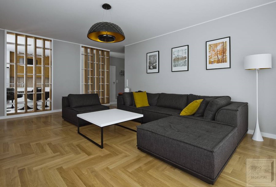 Aranżacja salonu w delikatnym popielu styl nowoczesny