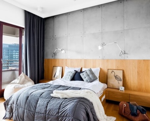 Drewno i beton architektoniczny w sypialni styl nowoczesny