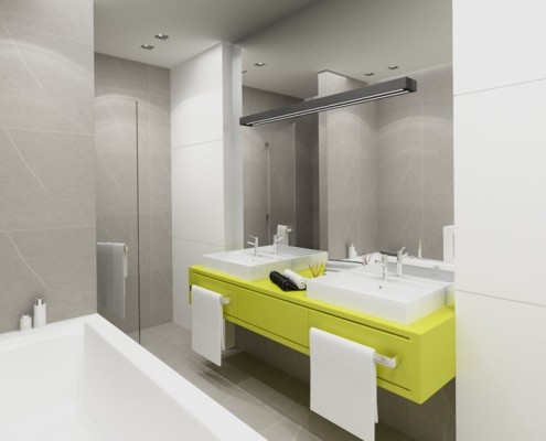 Nowoczesna łazienka z limonkowym akcentem podwójna umywalka