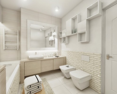 Projekt białej łazienki z wanną styl nowoczesny