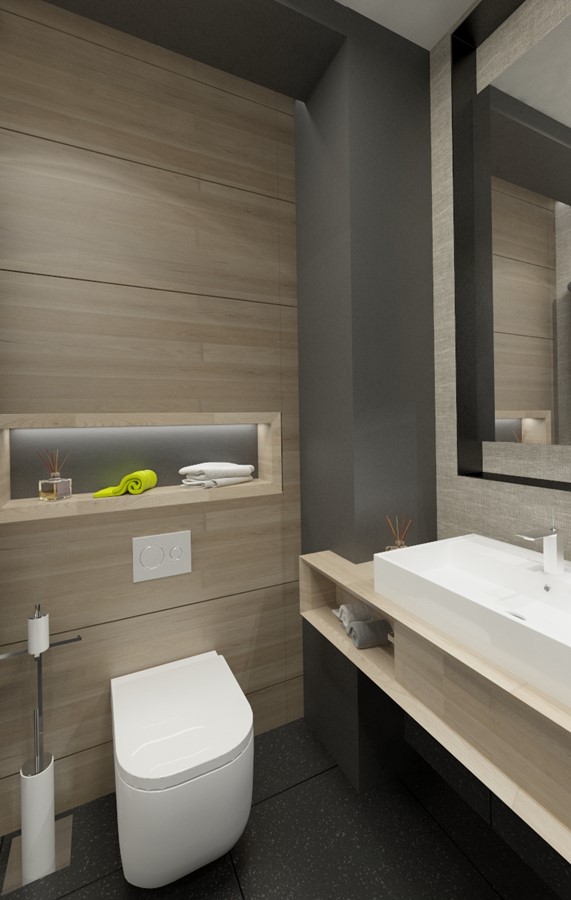 Jasne drewno w szarej łazience styl nowoczesny