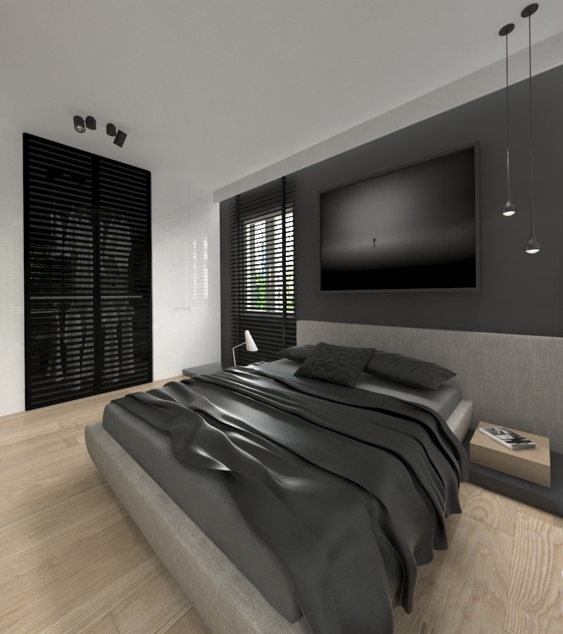 Minimalistyczna sypialnia z garderobą styl nowoczesny
