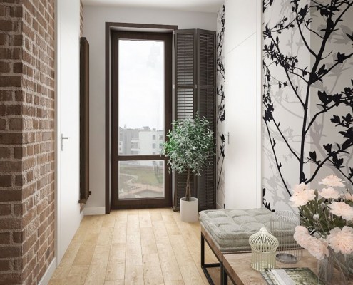 Nastrojowy korytarz w mieszkaniu ceglana ściana