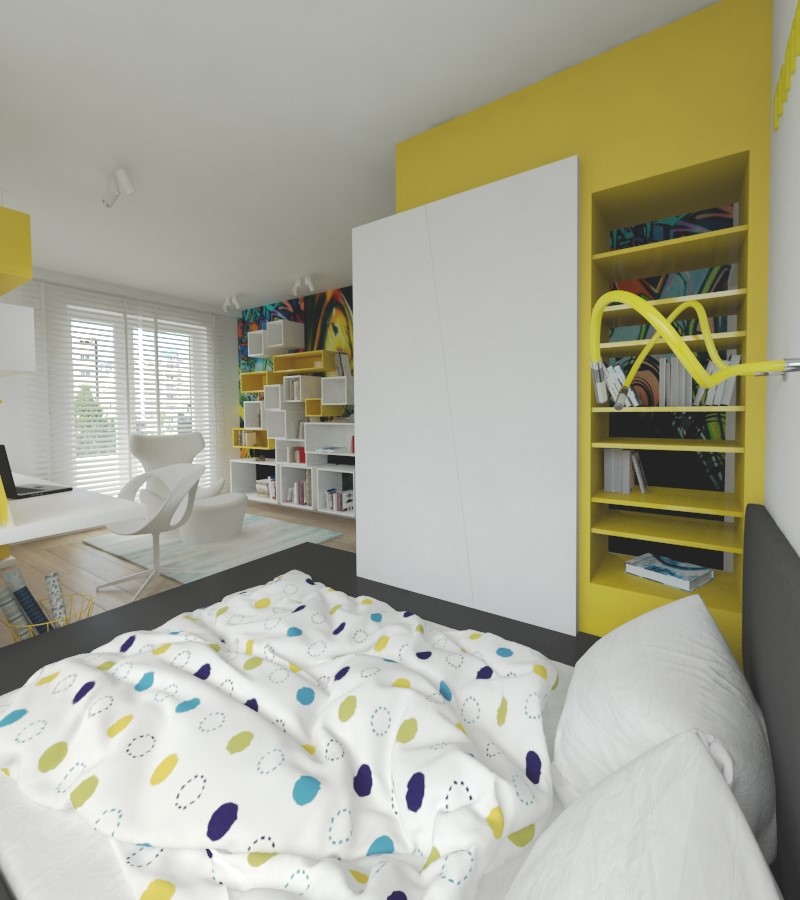 Żółto-biały oryginalny pokój dla nastolatka