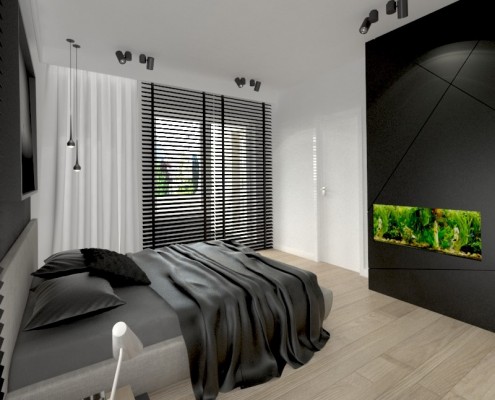 Projekt minimalistycznej sypialni w czerni i szarościach
