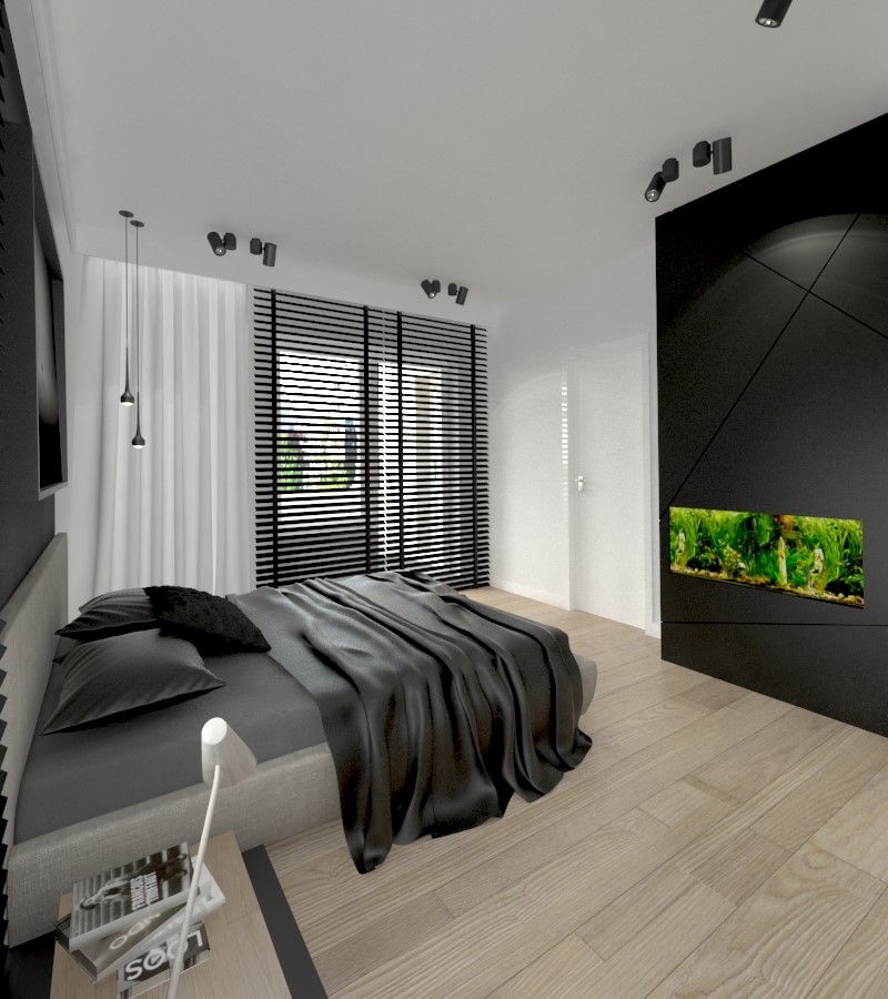Projekt minimalistycznej sypialni w czerni i szarościach