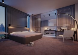 Wrzosowa sypialnia w stylu modern classic Studio O