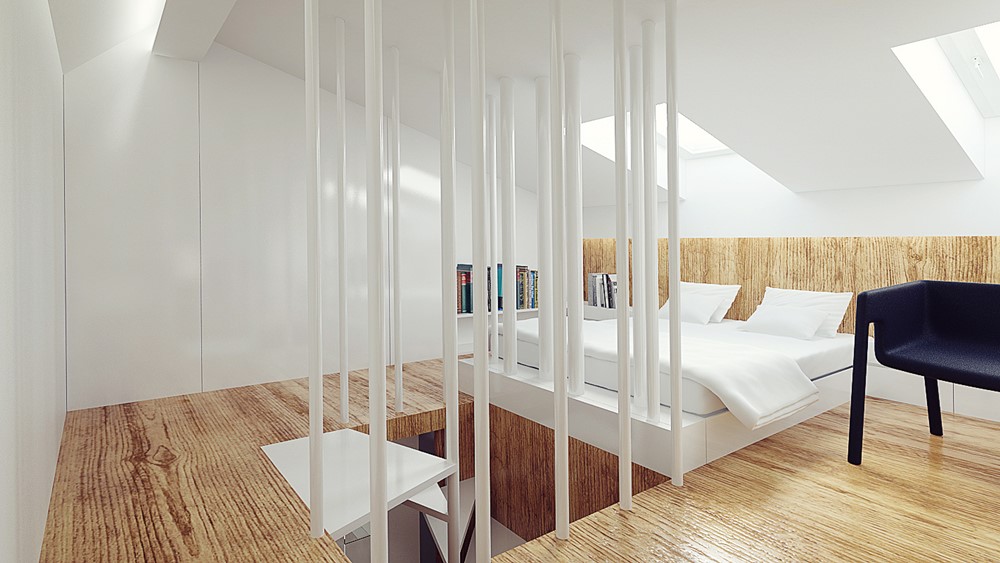 Biała sypialnia na poddaszu Mus Architects