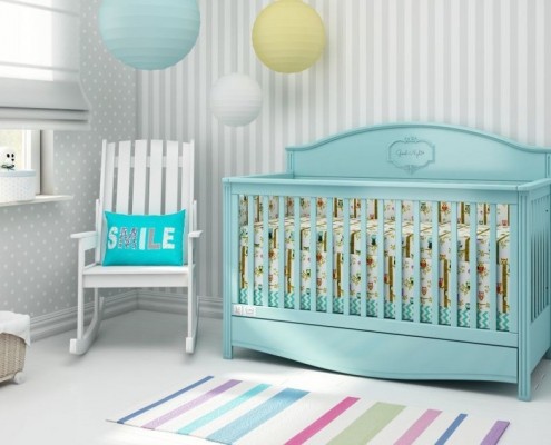 Seledynowe łóżeczko dla niemowlaka marki Bellamy