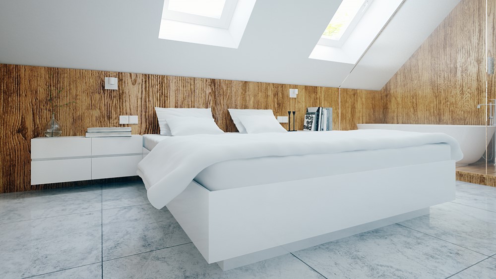 Sypialnia na poddaszu z łazienką Mus Architects