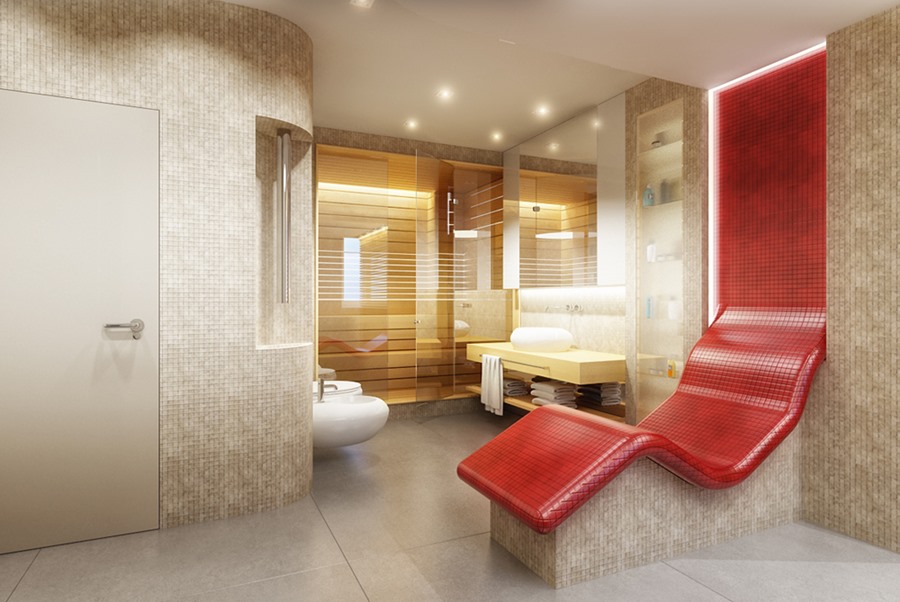 Duża łazienka z sauną i kącikiem wypoczynkwym