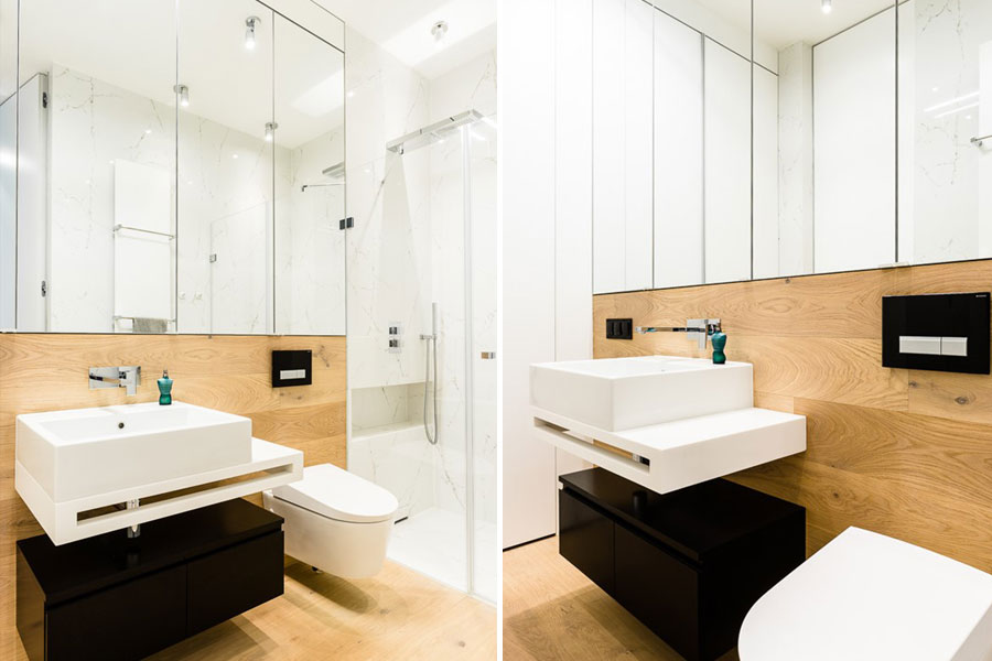Mała łazienka z prysznicem w drewnie pomysły na wnętrze