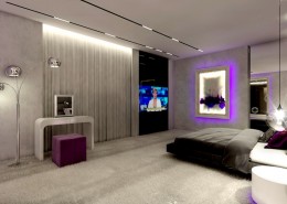 Popielata sypialnia z nowoczesnym oświetleniem km rubaszkiewicz