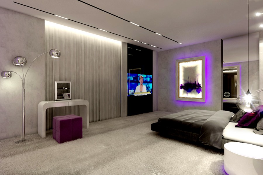 Popielata sypialnia z nowoczesnym oświetleniem