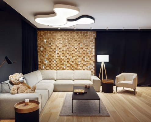 Salon z drewnianą mozaiką Sikora Wnętrza