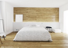 Jasne drewno w minimalistycznej sypialni Maka Studio