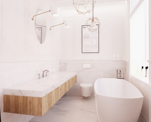 Wolnostojąca wanna w małej łazience styl minimalistyczny