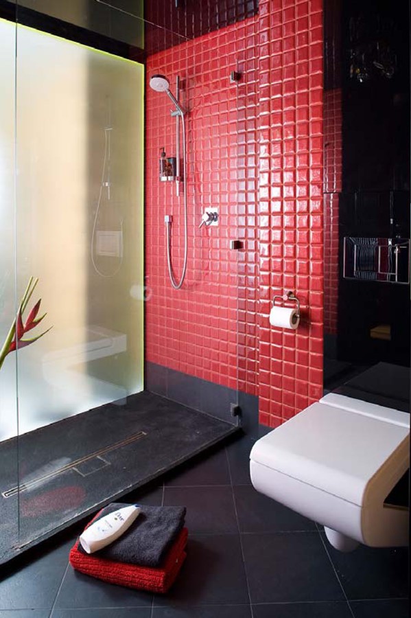 Nowoczesna łazienka z czerwonymi płytkami w kabinie