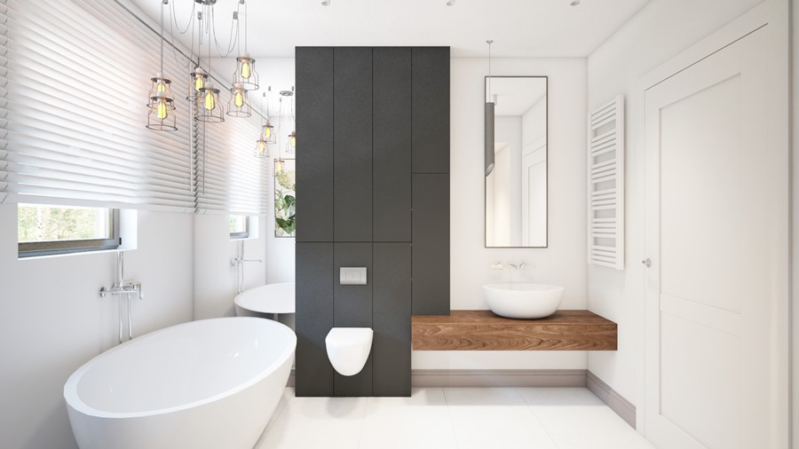 Projekt minimalistycznej łazienki z wanną Finchstudio - oryginalna łazienka